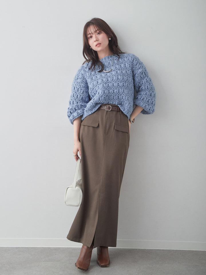 [SET]ループクロップニットトップス+クレープデシンフラップ付きストレートスカート(2set)