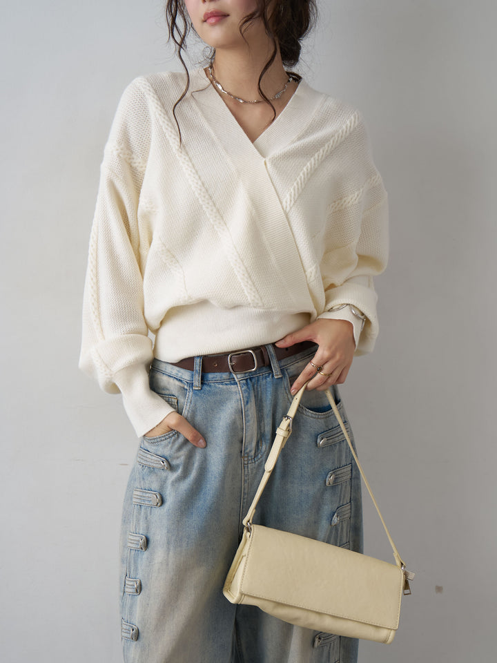 [予約]カシュクールミックスケーブルニットトップス/white