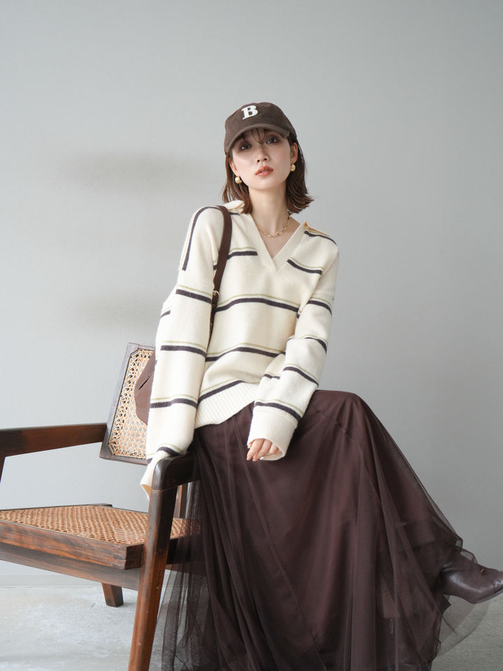 [SET]ポロ襟スキッパーボーダーニットプルオーバー+チュールボリュームスカート(2set)