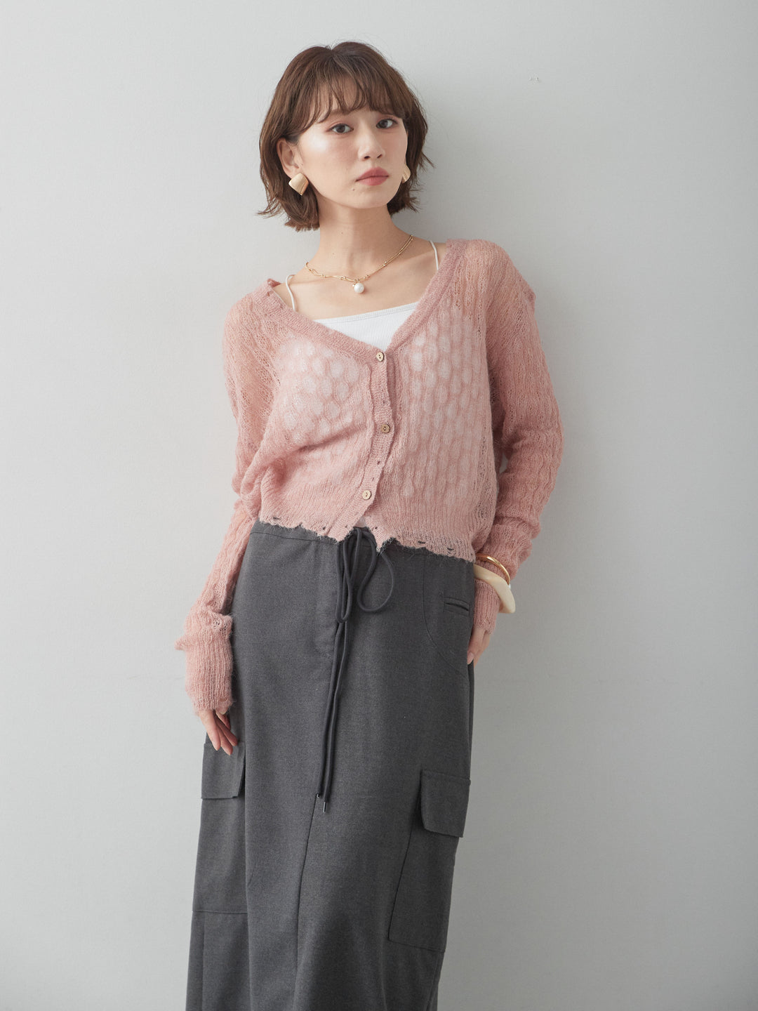 【套裝】破洞紋理透視針織開襟衫 + 破洞紋理透視針織開襟衫（兩件組）