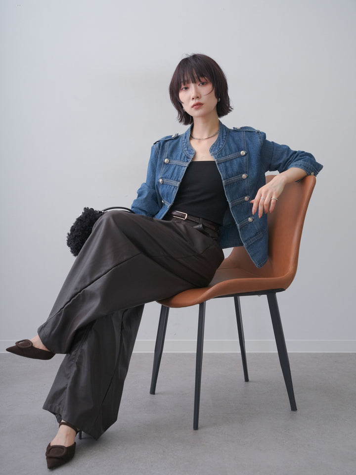 [SET]ナポレオンデニムジャケット+フェイクレザーワイドパンツ(2set)
