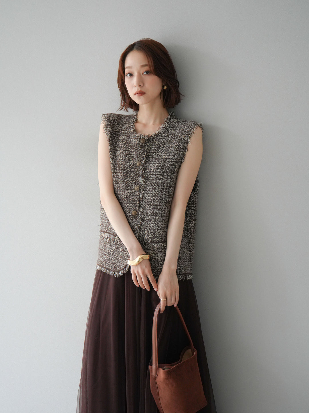 [予約]ミックスツイードフリンジニットベスト/ブラウン