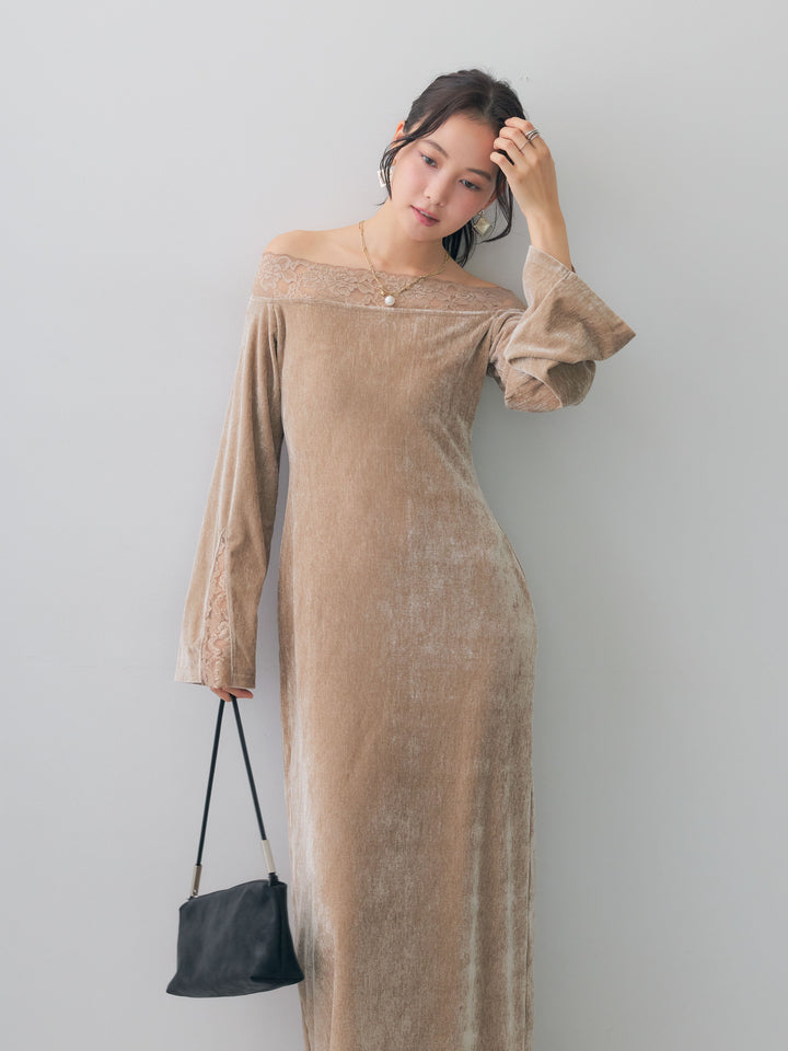 [予約]ベロアレースドッキングオフショルワンピース/beige