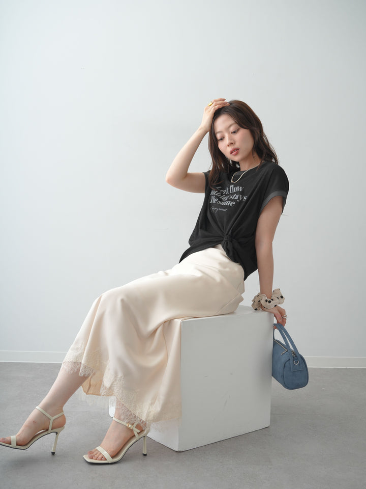 [SET]シアースラブバイカラーフレンチTEE+レースヘムサテンIラインスカート(2set)