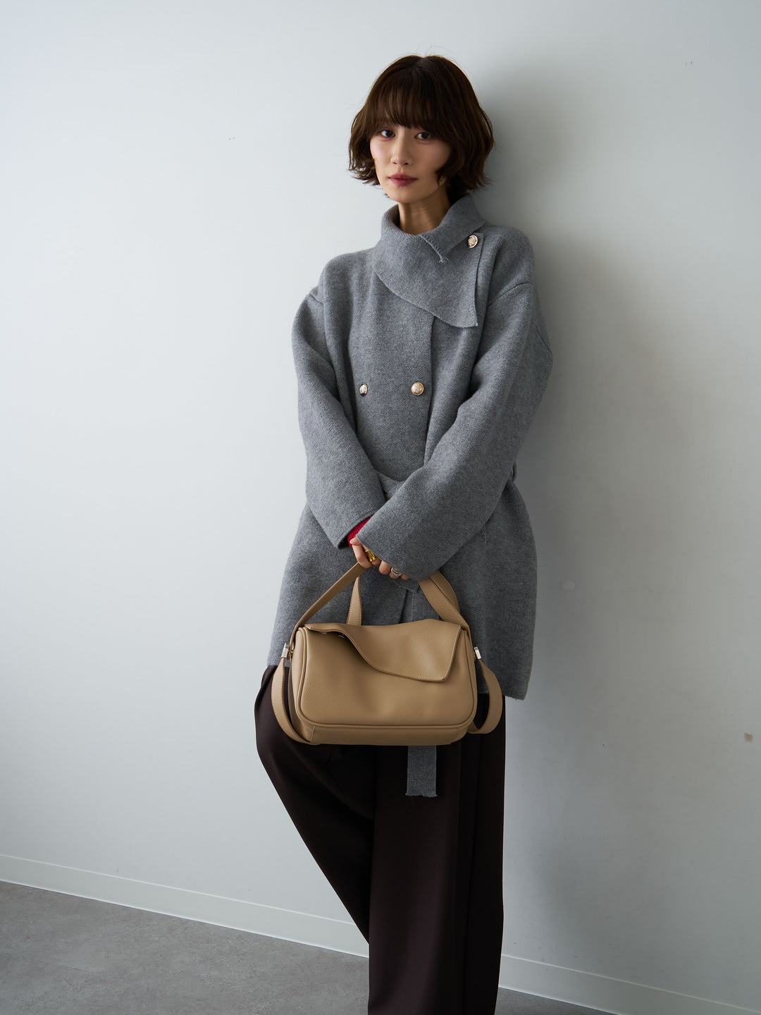 [SET]ゴールドボタンミディアムニットコート+ベルトループデザインワイドパンツ(2set)