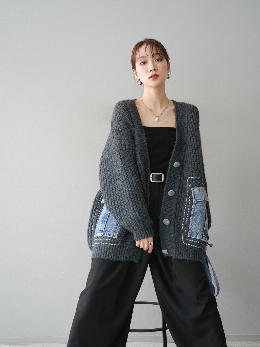 [予約]デニムポケットハンドステッチカーディガン/gray