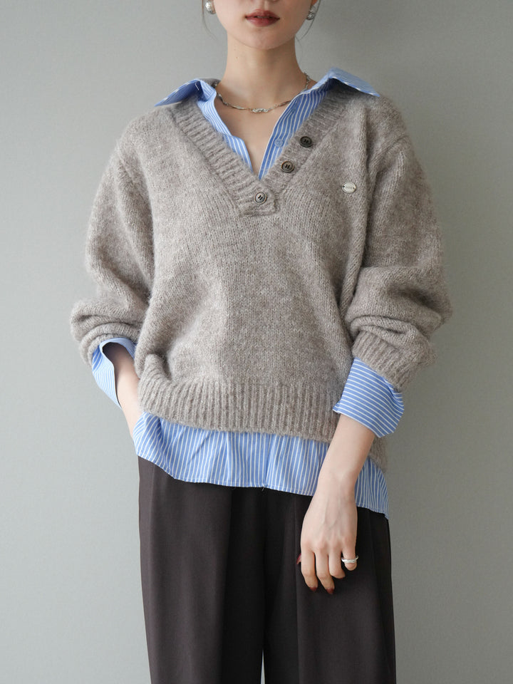 [SET]ストライプシャツドッキングMIXヤーンニットプルオーバー+ベルトループデザインワイドパンツ(2set)