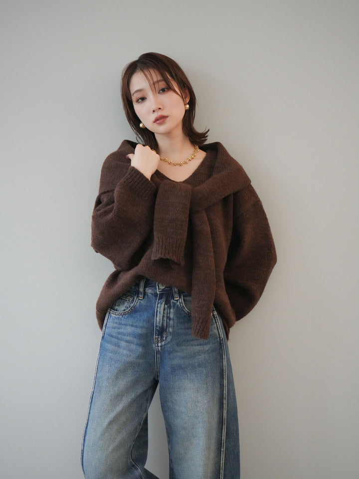 [予約]ストール付きVネックニットプルオーバー/brown