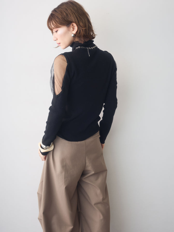 [予約]ショルダーチュールハイネックニットトップス/black