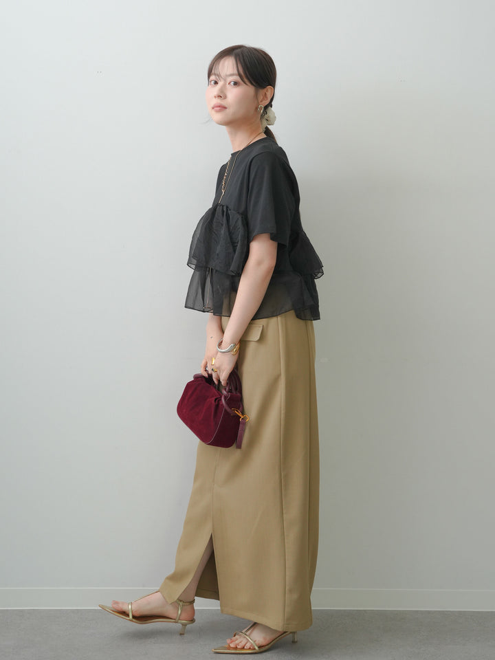 [SET]オーガンジーフリルドッキングTEE+クレープデシンフラップ付きストレートスカート(2set)