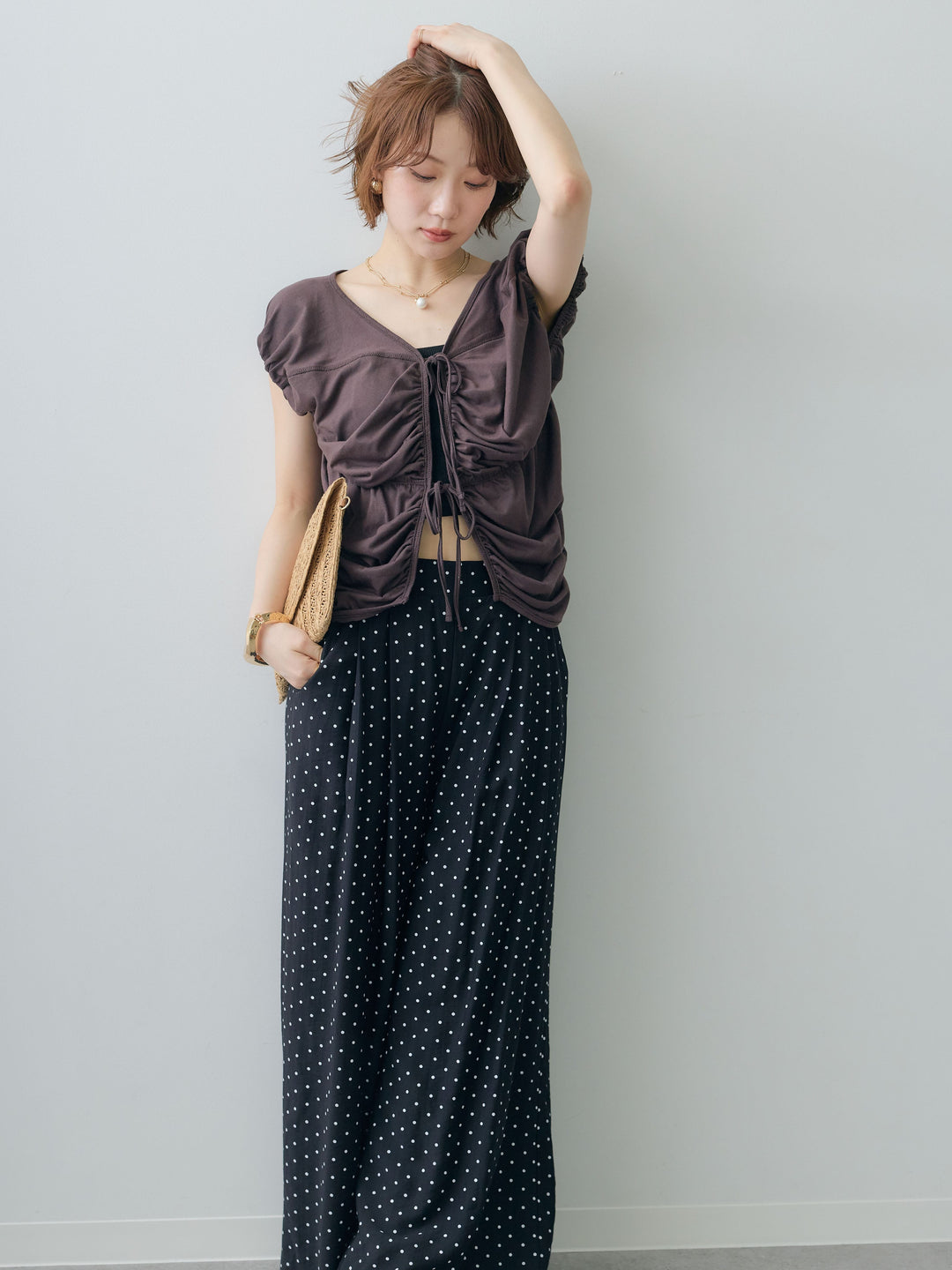 [予約]フレンチスリーブフロントリボンギャザートップス/brown