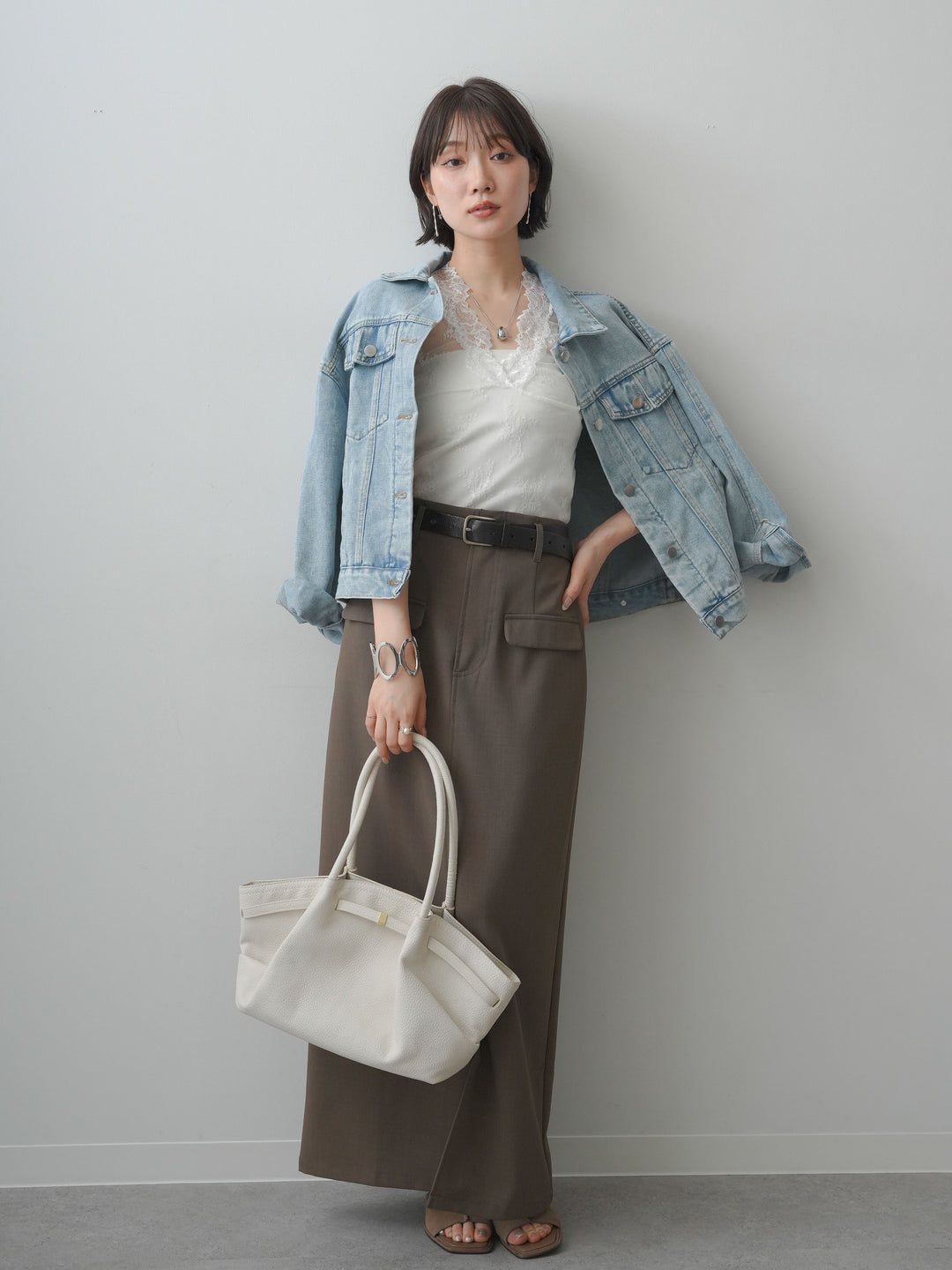 [SET]フラップデザインデニムジャケット+クレープデシンフラップ付きストレートスカート(2set)