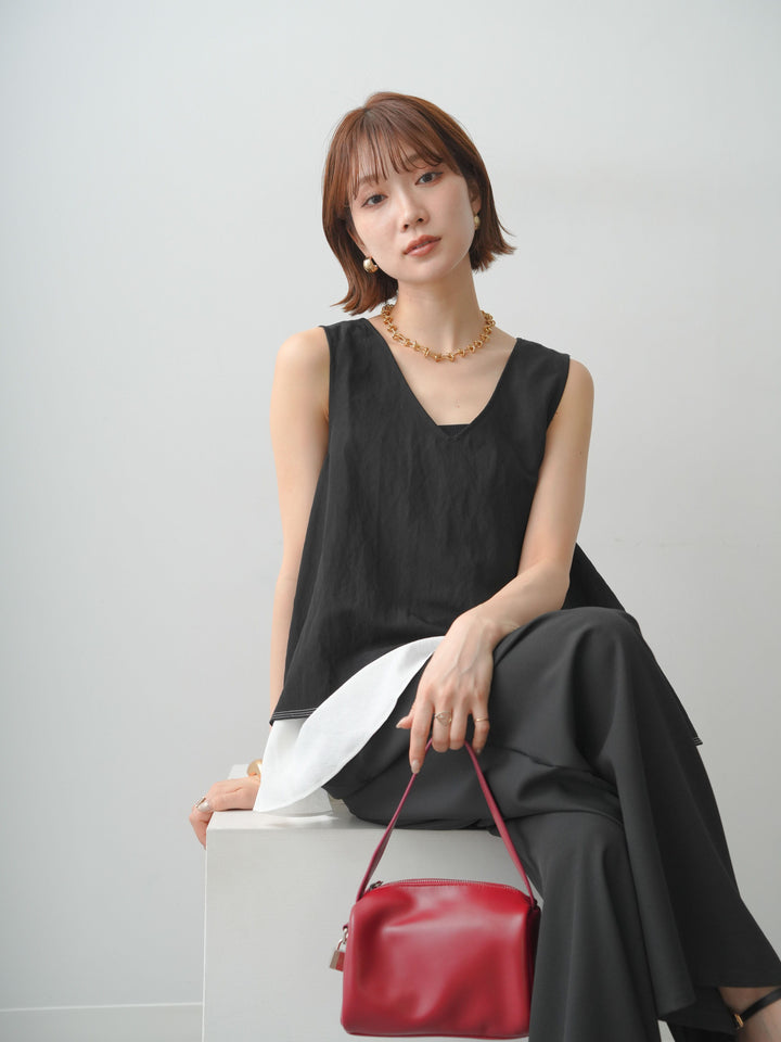 [SET]アシメフリルドッキングステッチノースリブラウス+選べるアクセセット(2set)