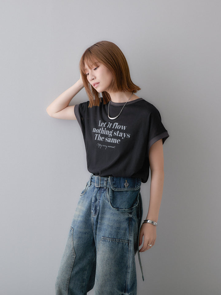 [SET]シアースラブバイカラーフレンチTEE+マルチポーチ付立体カーブデニム(2set)