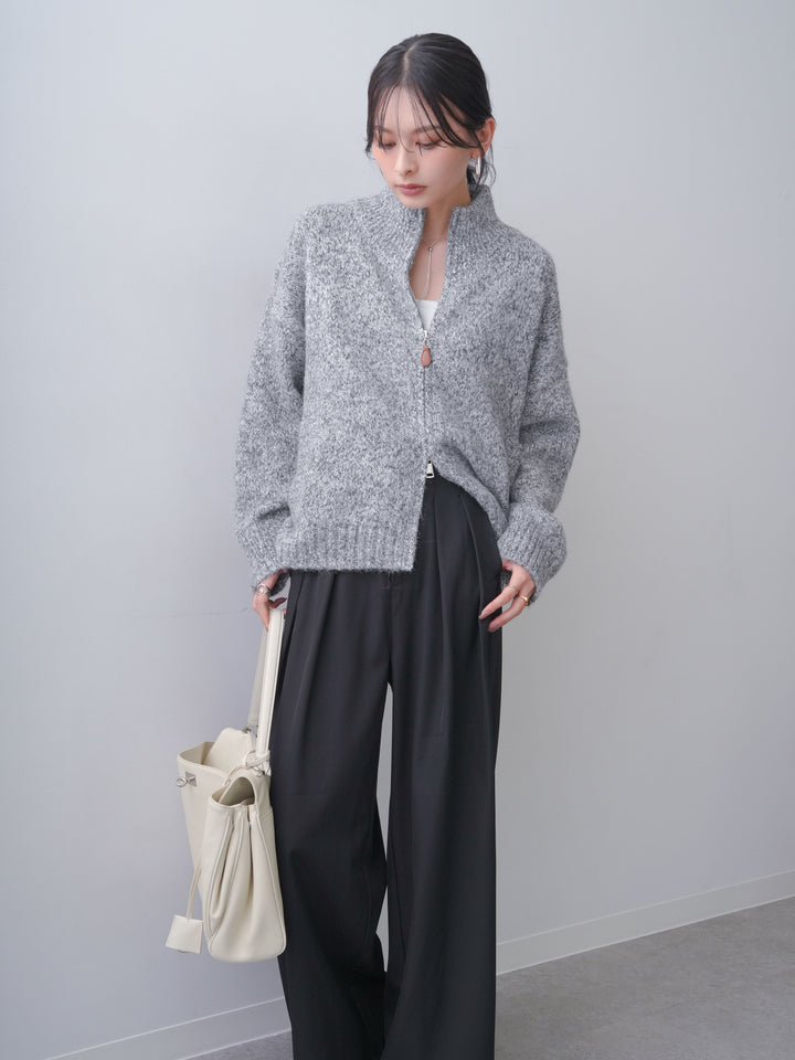 [SET]メランジダブルジップニットブルゾン+ツイルタックワイドパンツ(2set)