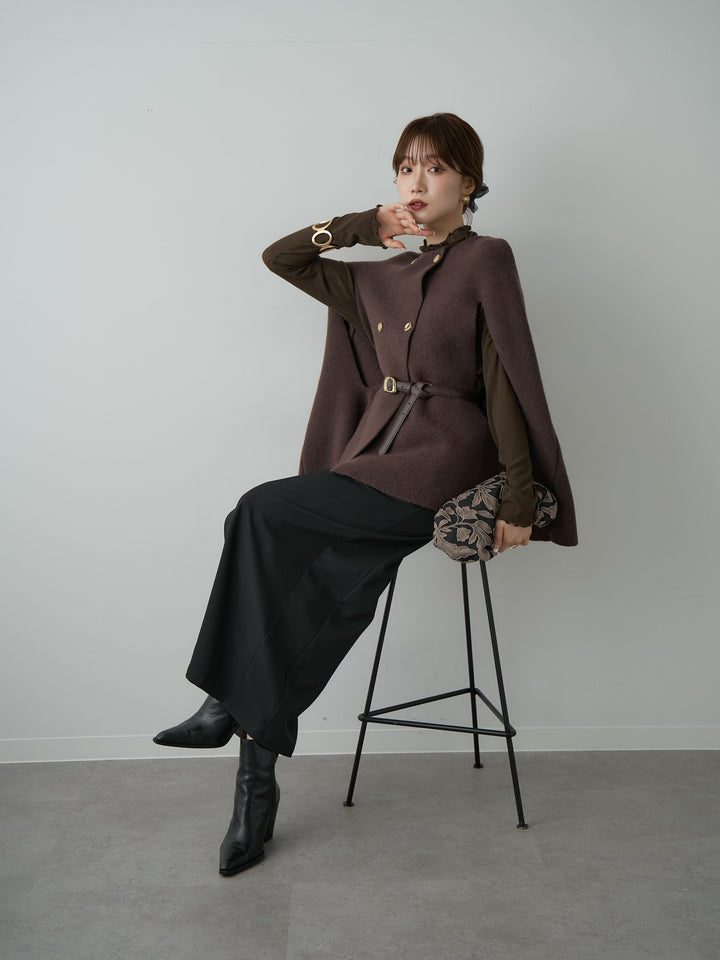 [SET]ゴールドボタンニットケープコート+クレープデシンフラップ付きストレートスカート(2set)