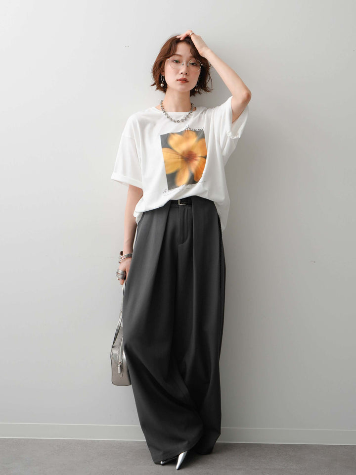 [SET]フラワーフォトTEE+ベルトループデザインワイドパンツ(2set)