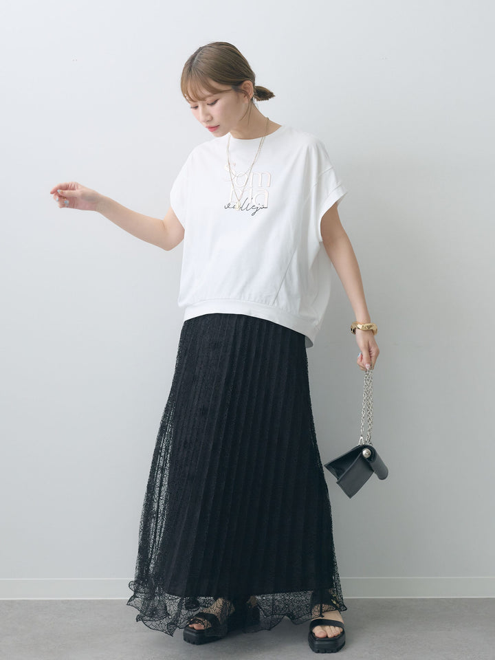 [SET]立体ロゴエンボスTEE +フローラルレースプリーツスカート(2set)