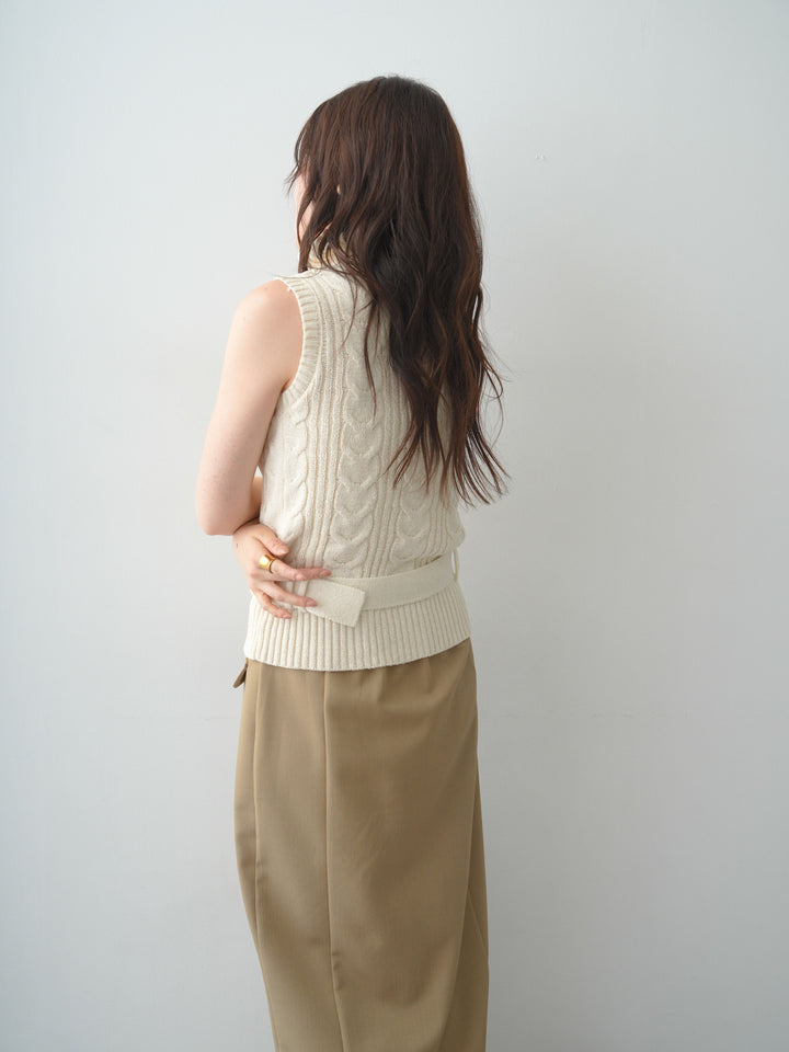 [SET]ベルト付ケーブルノースリニットトップス+クレープデシンフラップ付きストレートスカート(2set)