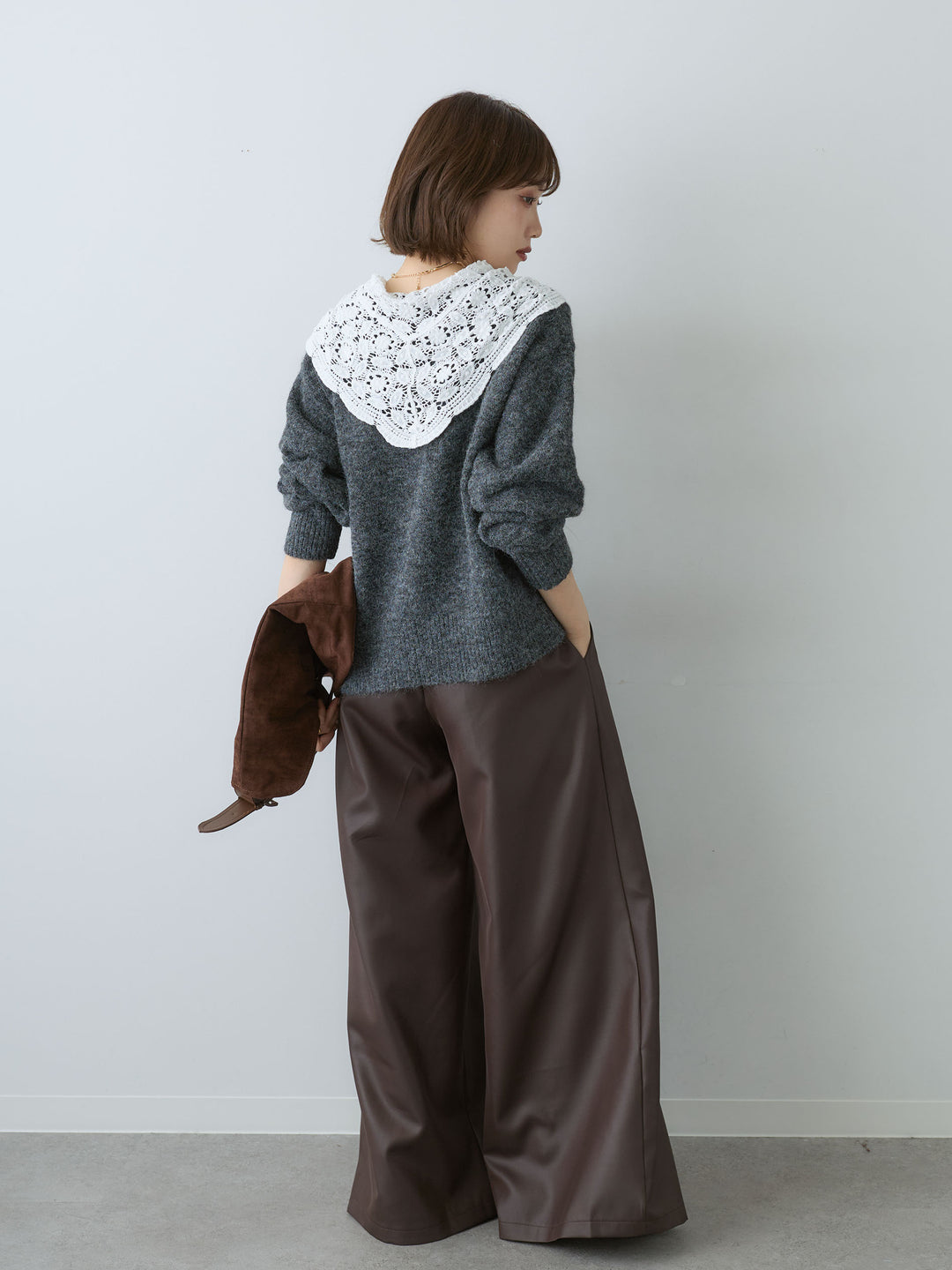 [SET]モヘアレースショールカラーカーディガン+サテンタックワイドパンツ(2set)