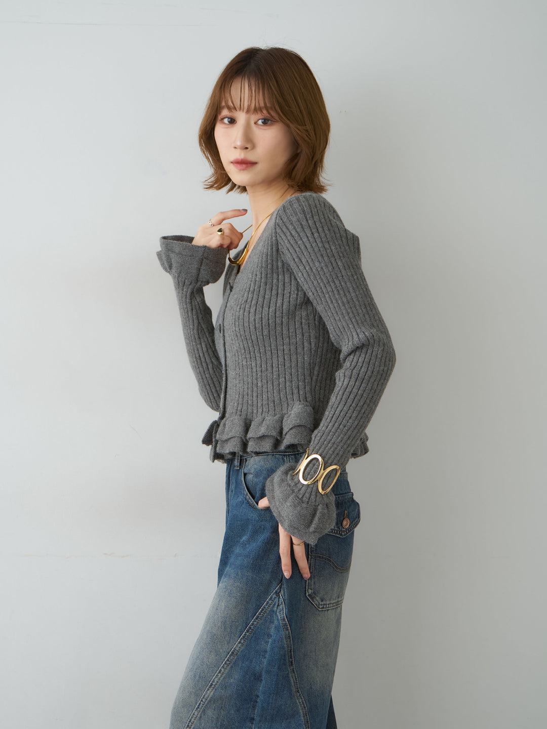 [SET]アルパカタッチフリルカーディガン+選べるアクセセット(2set)