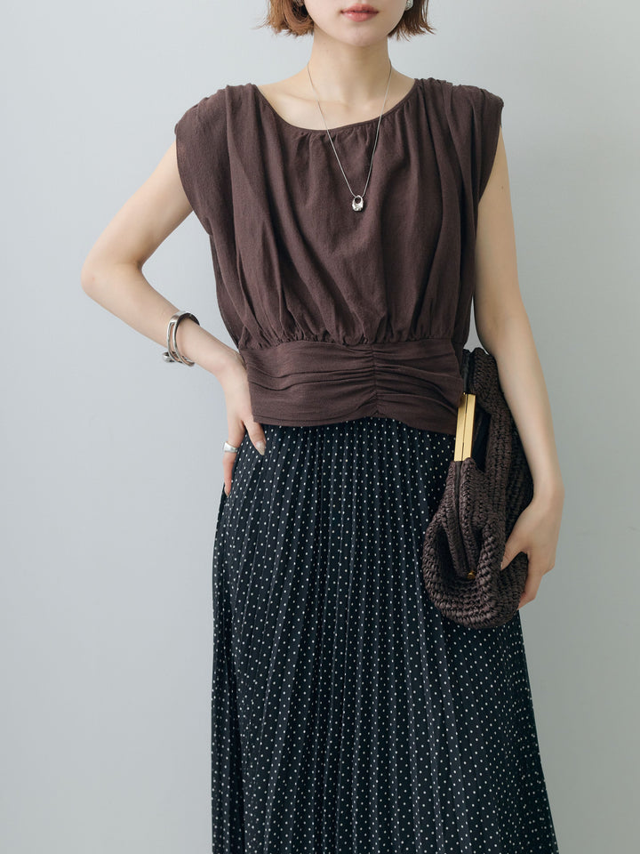 [予約]ギャザーノースリクロップニットトップス/brown