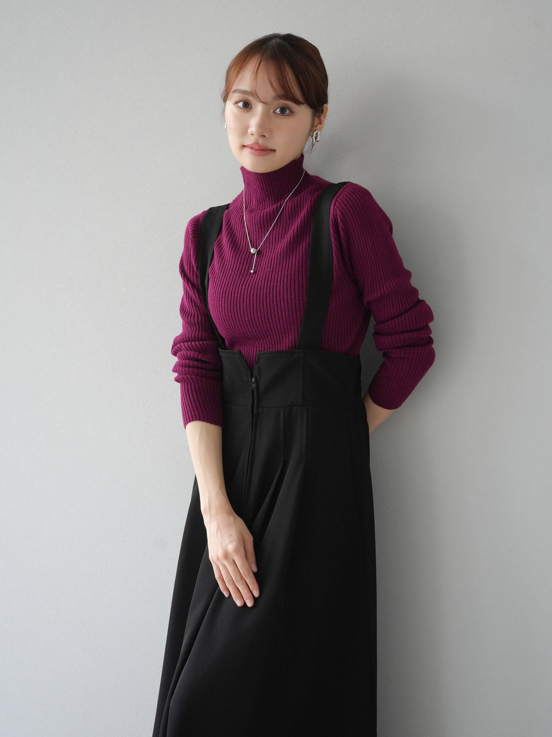 [預訂] 瓶頸式羅紋針織上衣/酒紅色