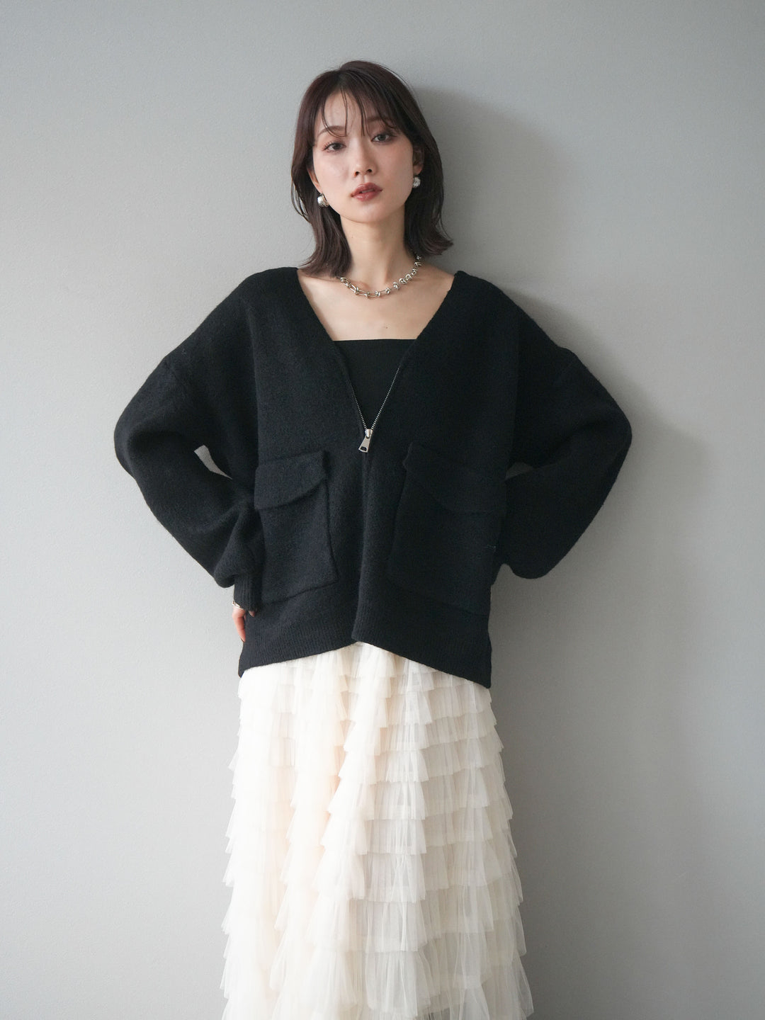 [予約]BIGポケットジップニットカーディガン/black