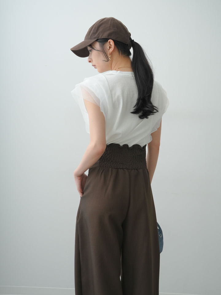 [SET]ショルダーチュールノースリTEE+ハイウエストカーブレッグパンツ(2set)