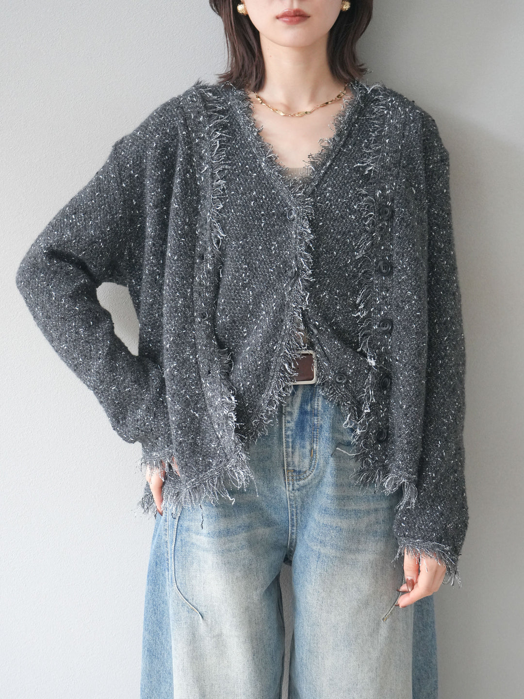 [予約]ネップフリンジニットカーディガン/ gray
