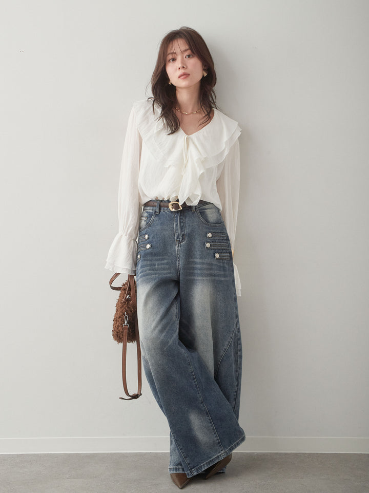 【套裝】荷葉邊領襯衫 + 拿破崙曲線牛仔褲（兩件式）