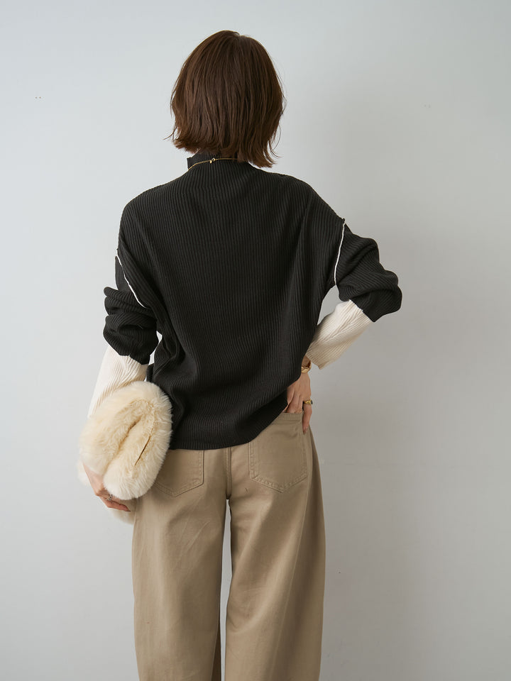 [予約]バイカラーモックネックリブニットトップス/black