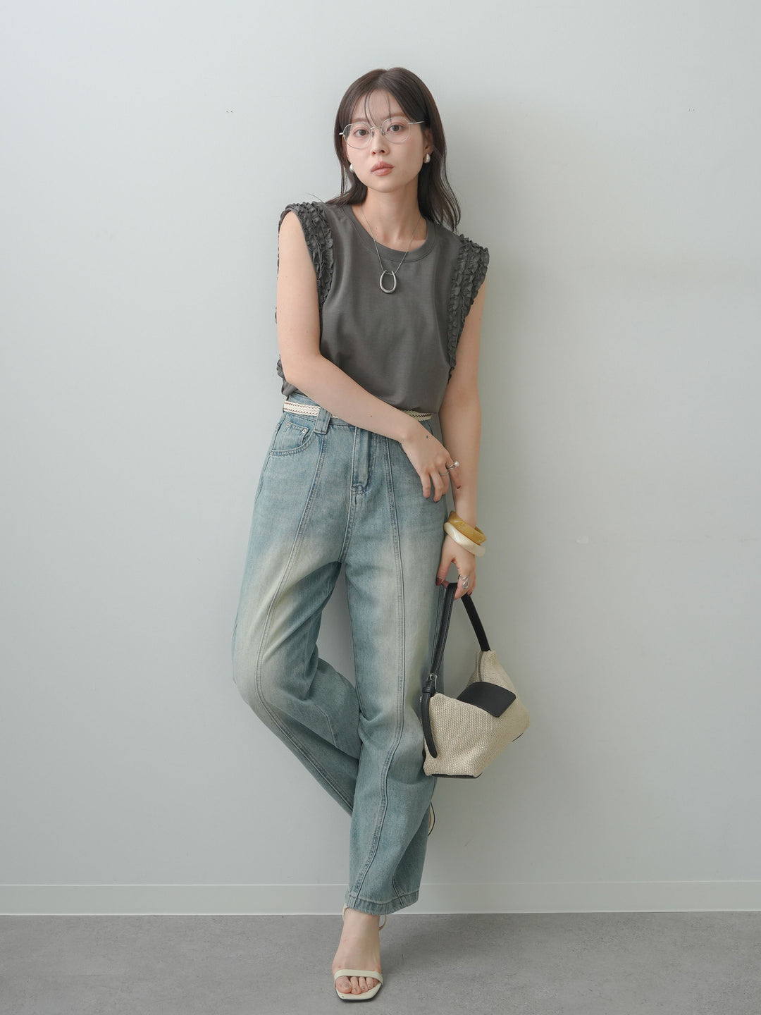 [SET]ホイップフリルフレンチTEE+センターラインワイドストレートデニム(2set)