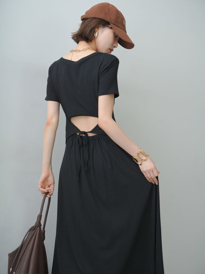 [予約]バックオープンフレアカットワンピース/black