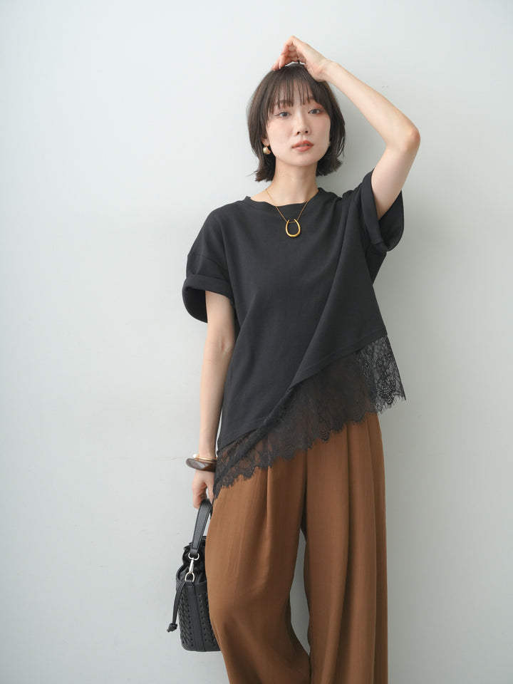 [SET]アシメレースヘムワイドTEE+ベルトデザインタックドレープワイドパンツ(2set)