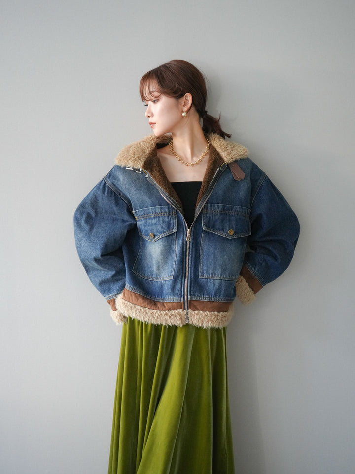 [予約]スタンドカラーファー×デニムジャケット/blue