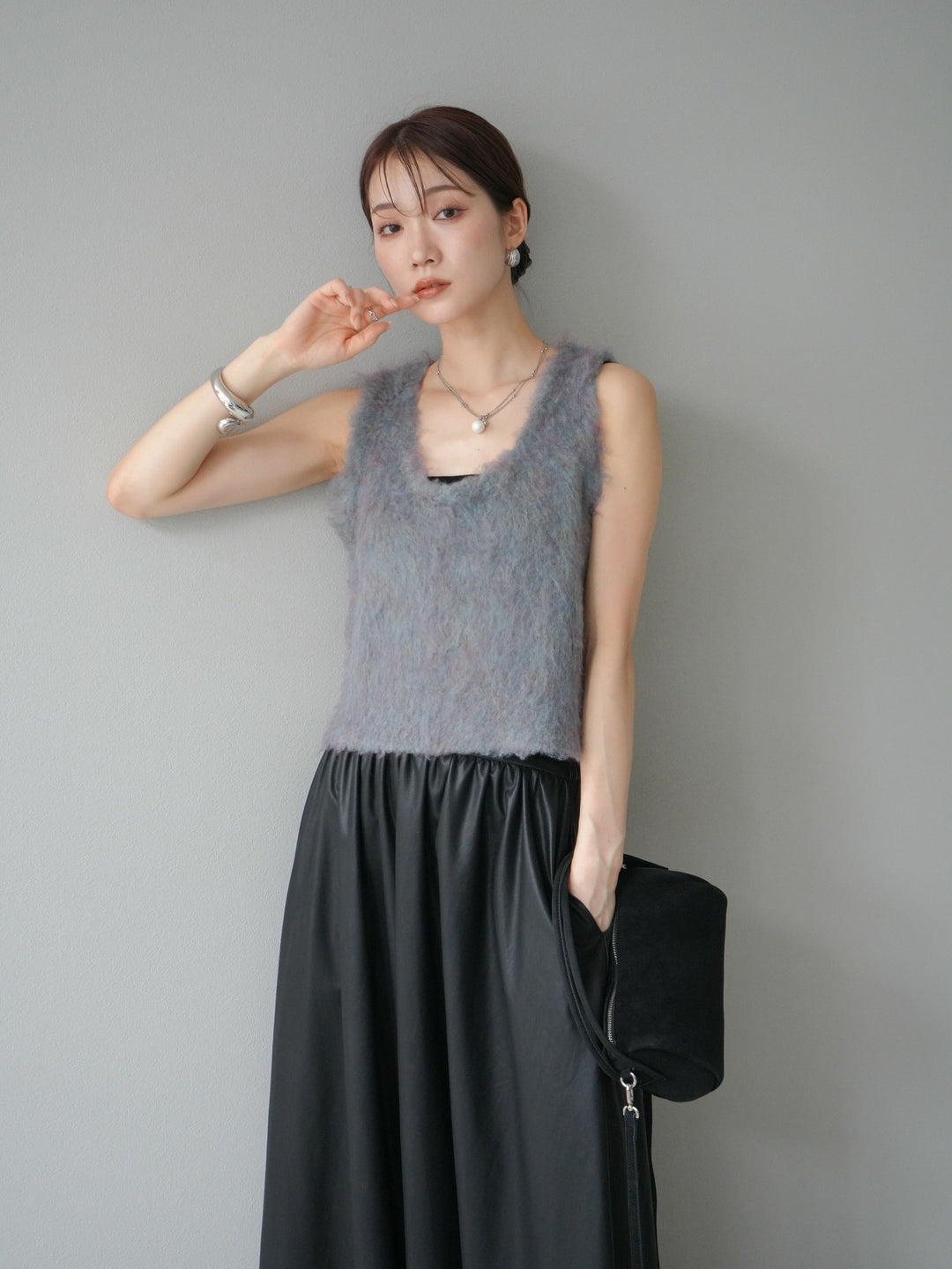 [予約]ミックスシャギーUネックベスト/グリーン