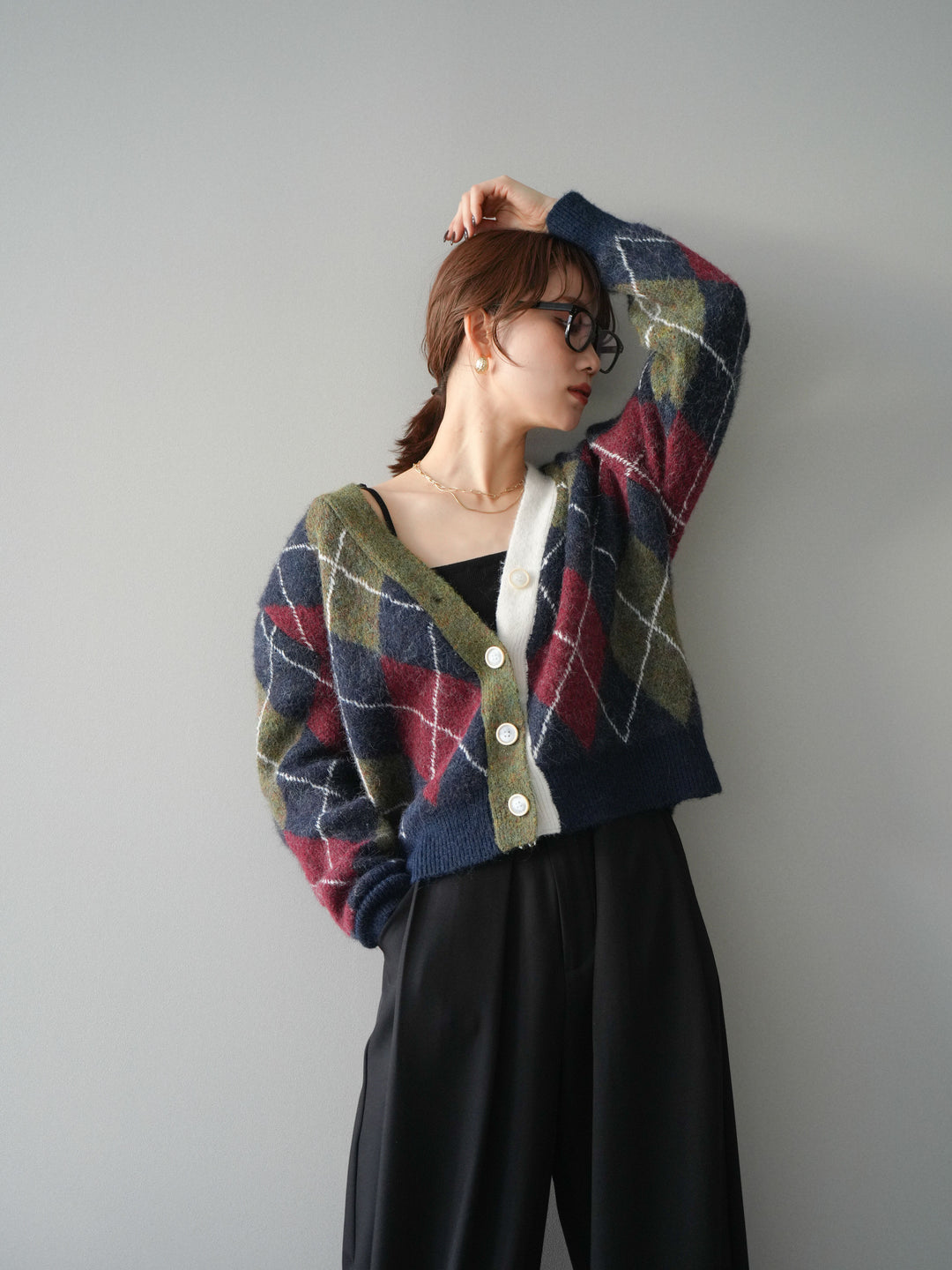 [予約]配色アーガイル柄ニットカーディガン/green