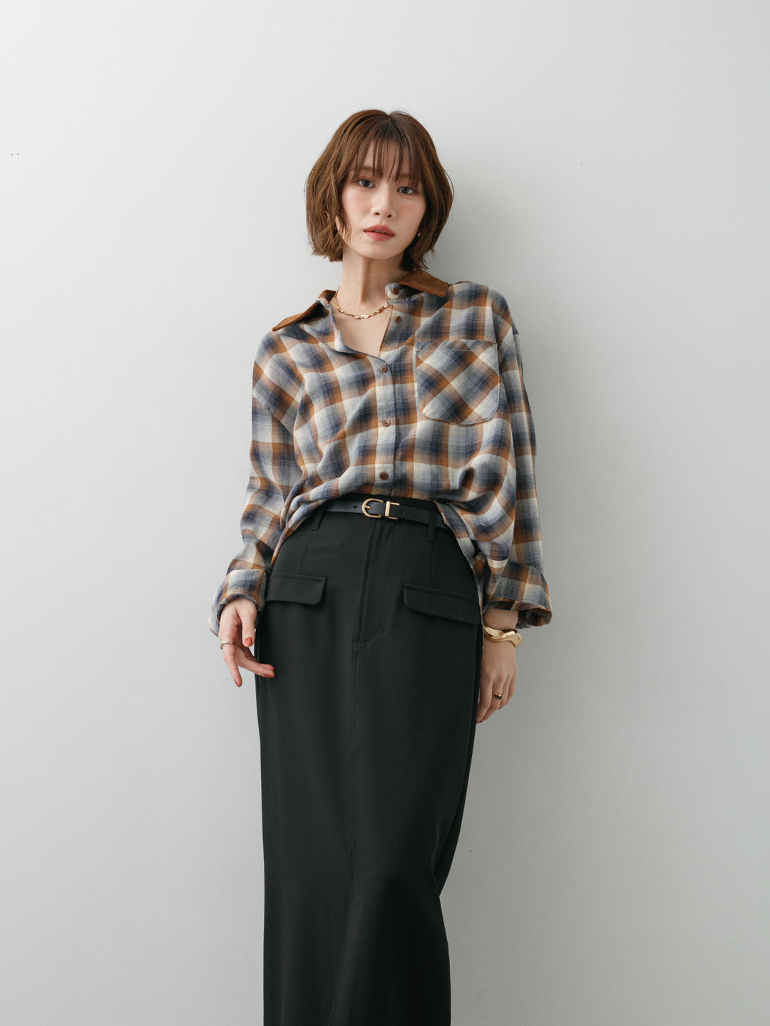 [SET]チェックオーバーシャツ+クレープデシンフラップ付きストレートスカート(2set)