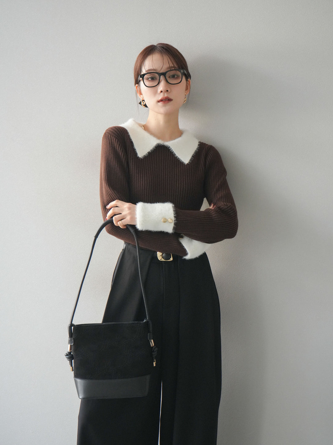 [SET]シャギー襟リブニットトップス+ベルトループデザインワイドパンツ(2set)