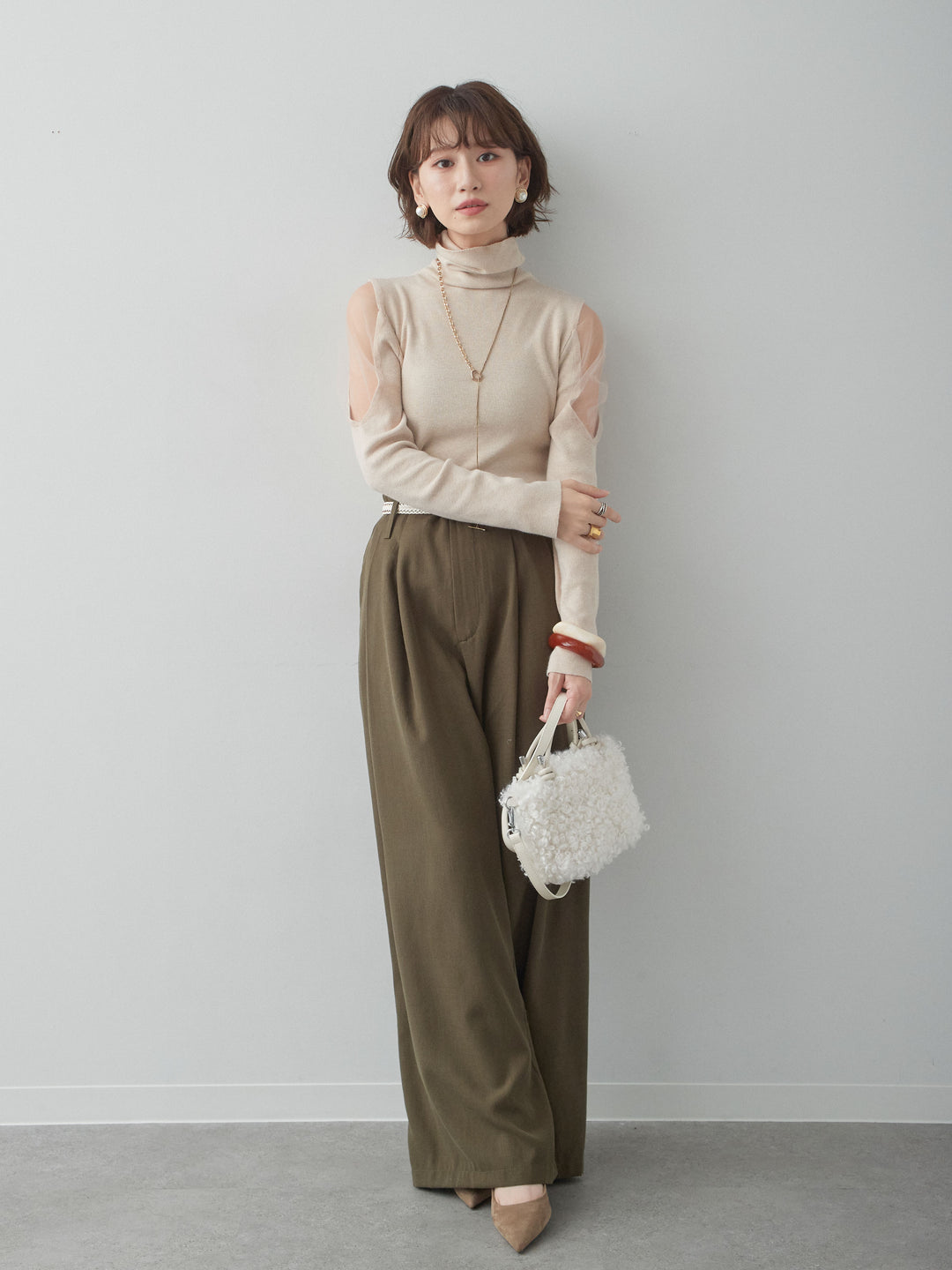 [SET]ショルダーチュールハイネックニットトップス+ツータックドレープストレートパンツ(2set)