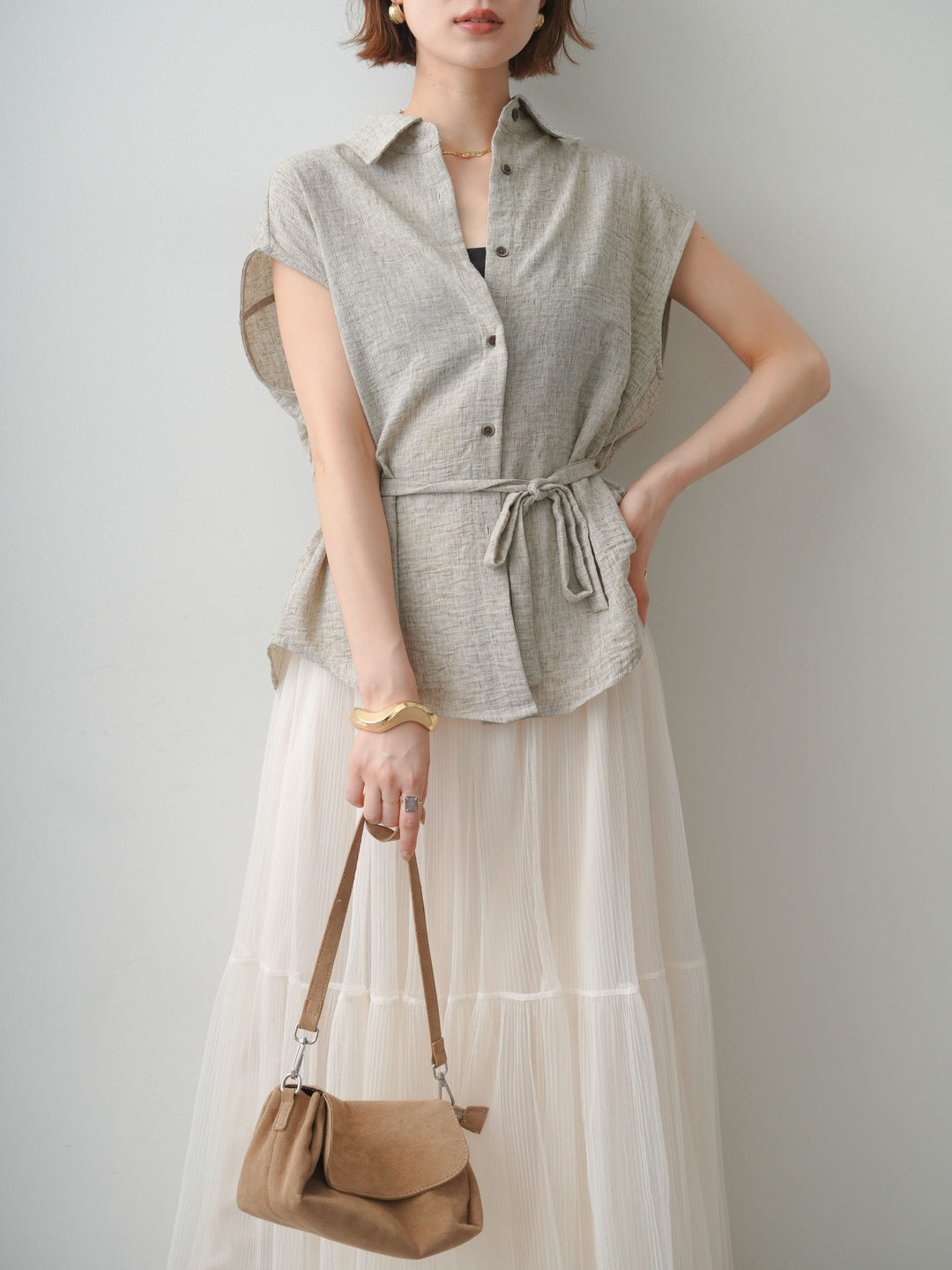 【套裝】亞麻質感無袖襯衫+薄紗蕾絲裙（兩件套）