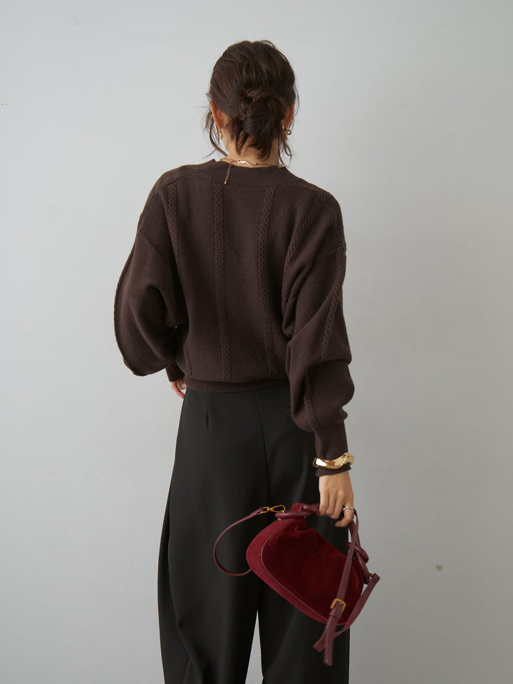 [予約]カシュクールミックスケーブルニットトップス/brown