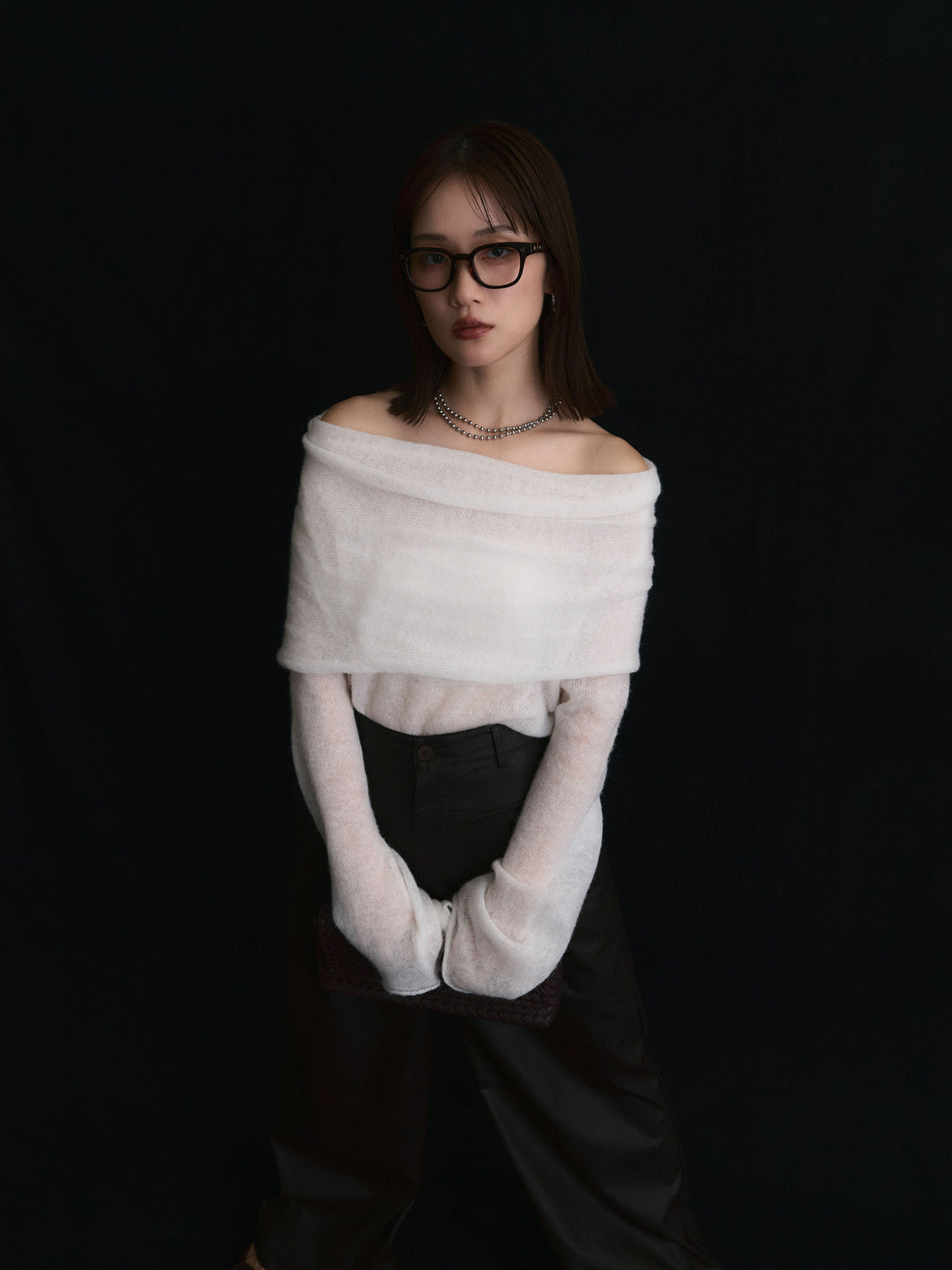 【Allure】[SET]オフショルシアーニットプルオーバー+レザータックセミワイドパンツ(2set)