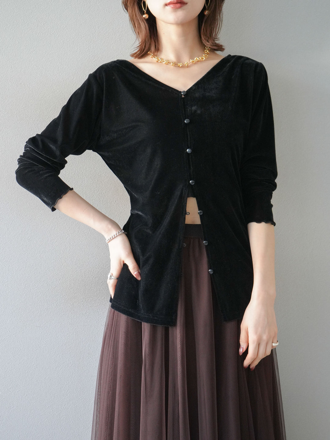 [予約]ベロアカーディガン/black