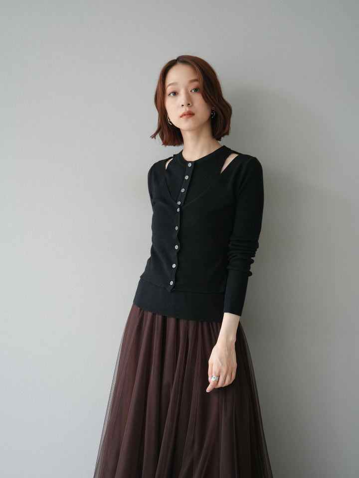 [予約]レイヤードデザインニットカーディガン/ブラック