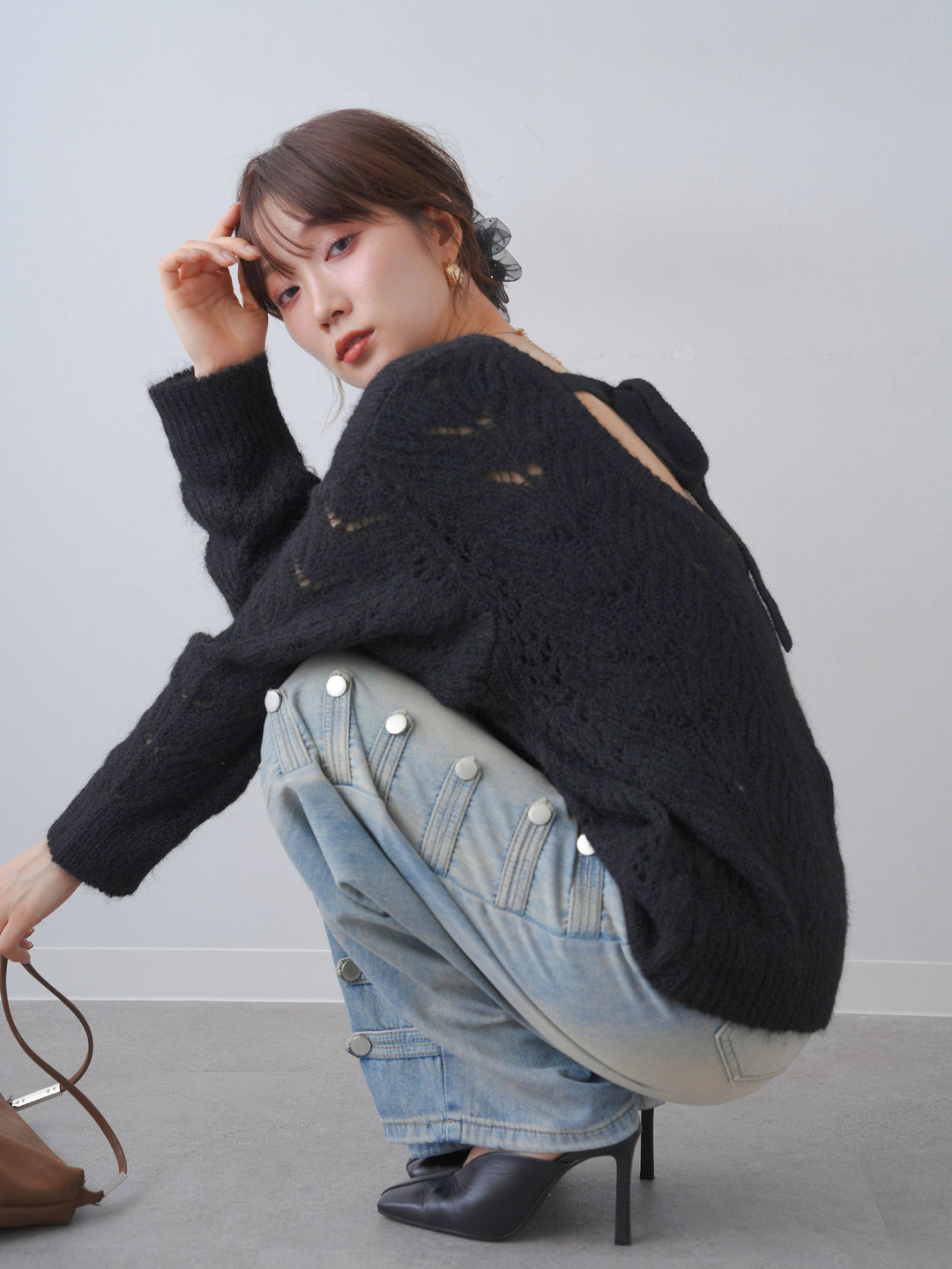 [SET]前後2WAY透かし編みケーブルニットトップス+ナポレオンライトウォッシュワイドデニム(2set)