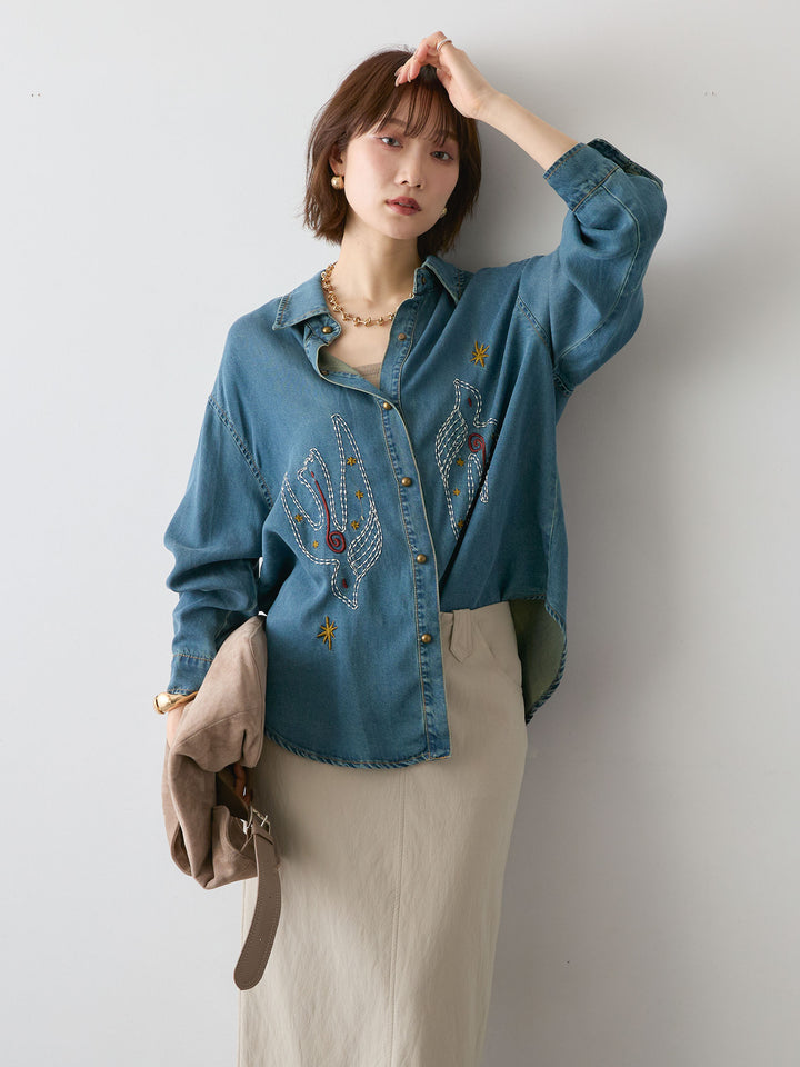 [SET]モチーフ刺繍デニムシャツ+選べるアクセセット(2set)