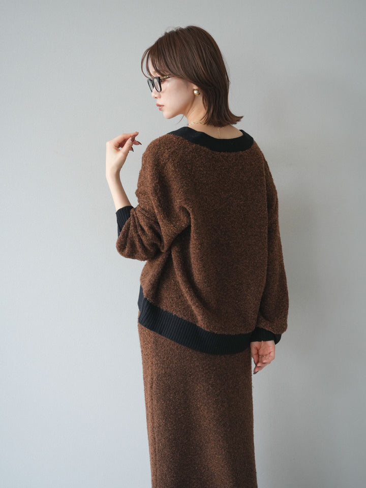 [SET]ブークレバイカラーニットカーディガン+ブークレバイカラータイトニットスカート(2set)