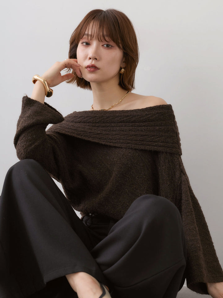 [予約]アシメデザインオフショルニットトップス/brown
